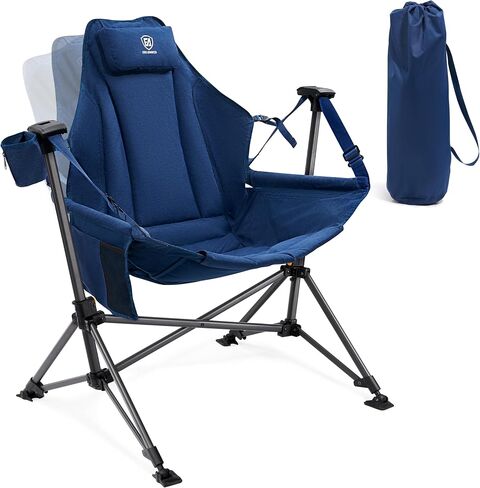 EVER ADVANCED Padded Hammock Camping Chair, Oversized Heavy Duty Swing Chair with Detachable Cup Holder, Portable Folding Rocking Camping Chair, Support Up to 400lbs, Blue in Kuwait
