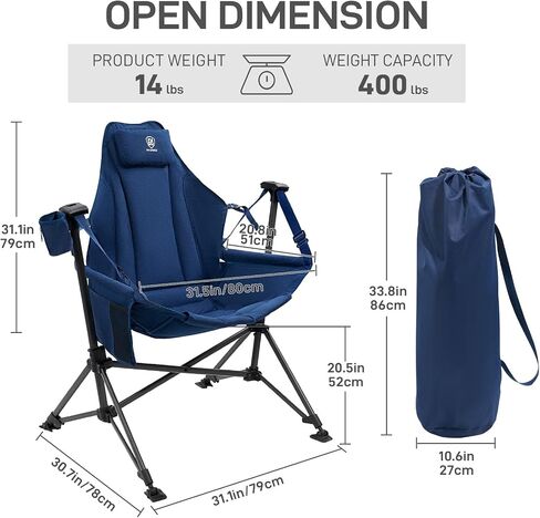 EVER ADVANCED Padded Hammock Camping Chair, Oversized Heavy Duty Swing Chair with Detachable Cup Holder, Portable Folding Rocking Camping Chair, Support Up to 400lbs, Blue in Kuwait