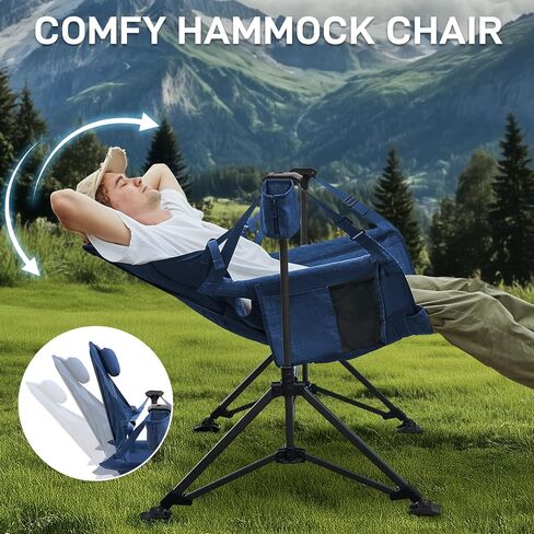 EVER ADVANCED Padded Hammock Camping Chair, Oversized Heavy Duty Swing Chair with Detachable Cup Holder, Portable Folding Rocking Camping Chair, Support Up to 400lbs, Blue in Kuwait