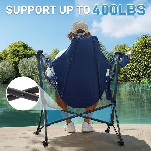 EVER ADVANCED Padded Hammock Camping Chair, Oversized Heavy Duty Swing Chair with Detachable Cup Holder, Portable Folding Rocking Camping Chair, Support Up to 400lbs, Blue in Kuwait