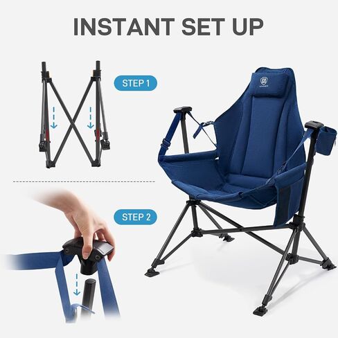 EVER ADVANCED Padded Hammock Camping Chair, Oversized Heavy Duty Swing Chair with Detachable Cup Holder, Portable Folding Rocking Camping Chair, Support Up to 400lbs, Blue in Kuwait