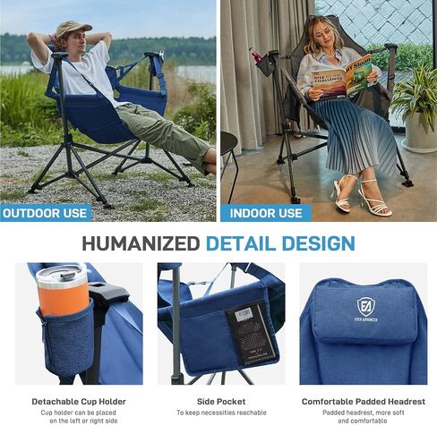 EVER ADVANCED Padded Hammock Camping Chair, Oversized Heavy Duty Swing Chair with Detachable Cup Holder, Portable Folding Rocking Camping Chair, Support Up to 400lbs, Blue in Kuwait