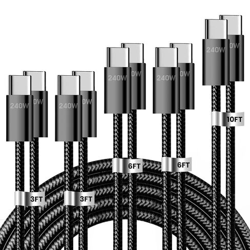 240W USB C to USB C Cable, 5 Pack Braided Type-C Fast Charging Cord(Black) in Kuwait