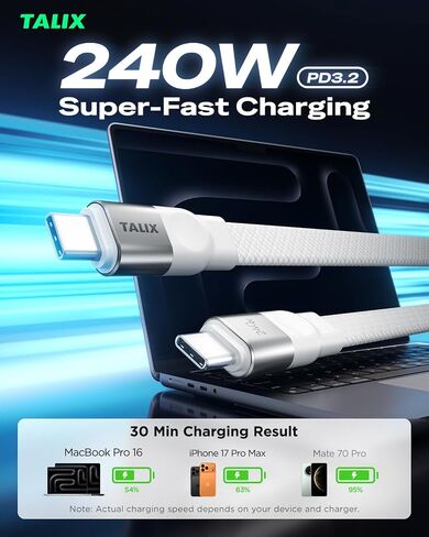 TALIX USB C to USB C Cable, 240W Fast Charging Cable (3.3 ft, White) in Kuwait