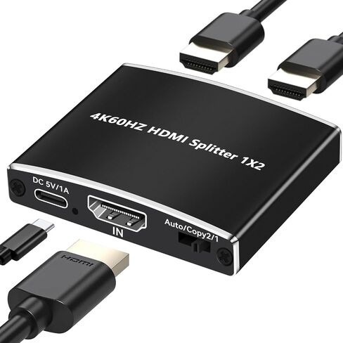 HDMI Splitter 1 in 2 Out, 4K@60Hz HDCP2.2 HDR 10+ 18.5 Gbps 3D UHD Dolby Vision Atmos Scaler 4K 1080P Dual Monitors HDMI 2.0 Splitter 1 in2 Out for PS5,SkyQ,Fire Stick, BluRay, Projector in Kuwait