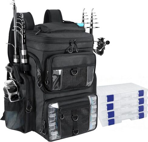 Fishing Backpack with 4 Tackle Boxes, 55L Large Tackle Box Backpack with 4 Rod Holders, Waterproof 900D Tackle Backpacks with Cooler & Clear Gear Windows, Fishing Gifts for Men Women,Camouflage Black in Kuwait