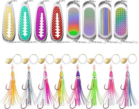 8 Set Squid Fishing Hoochies Flashers-glow Fresh Water Kokanee Dodger Tackle Salmon Trolling Lures with Durable Pre-rigged Octopus Hooks, Multicolor Synthetic Skirts Design for Salmon Fishing in Kuwait
