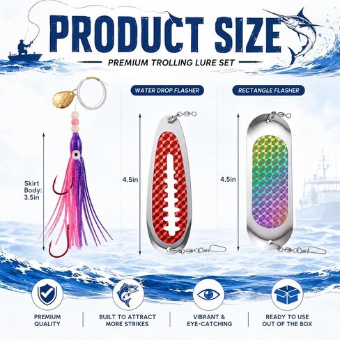 8 Set Squid Fishing Hoochies Flashers-glow Fresh Water Kokanee Dodger Tackle Salmon Trolling Lures with Durable Pre-rigged Octopus Hooks, Multicolor Synthetic Skirts Design for Salmon Fishing in Kuwait