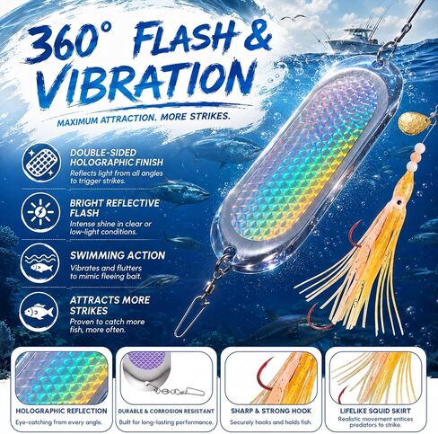 8 Set Squid Fishing Hoochies Flashers-glow Fresh Water Kokanee Dodger Tackle Salmon Trolling Lures with Durable Pre-rigged Octopus Hooks, Multicolor Synthetic Skirts Design for Salmon Fishing in Kuwait