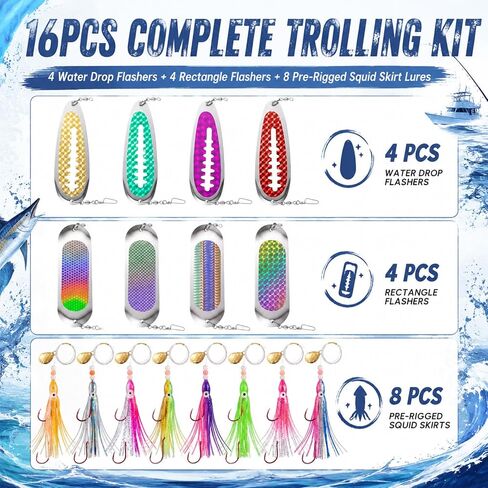8 Set Squid Fishing Hoochies Flashers-glow Fresh Water Kokanee Dodger Tackle Salmon Trolling Lures with Durable Pre-rigged Octopus Hooks, Multicolor Synthetic Skirts Design for Salmon Fishing in Kuwait