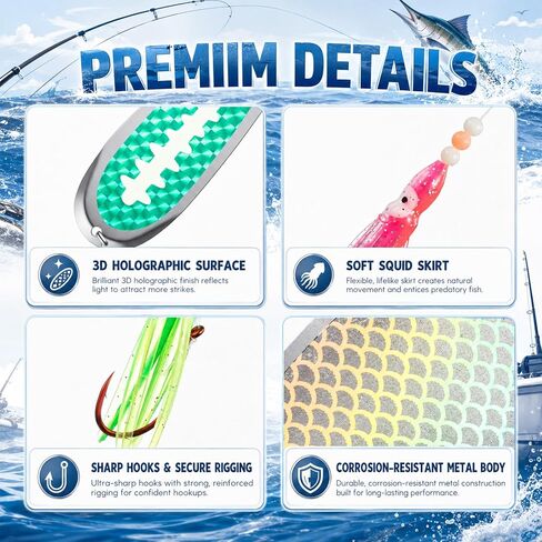 8 Set Squid Fishing Hoochies Flashers-glow Fresh Water Kokanee Dodger Tackle Salmon Trolling Lures with Durable Pre-rigged Octopus Hooks, Multicolor Synthetic Skirts Design for Salmon Fishing in Kuwait