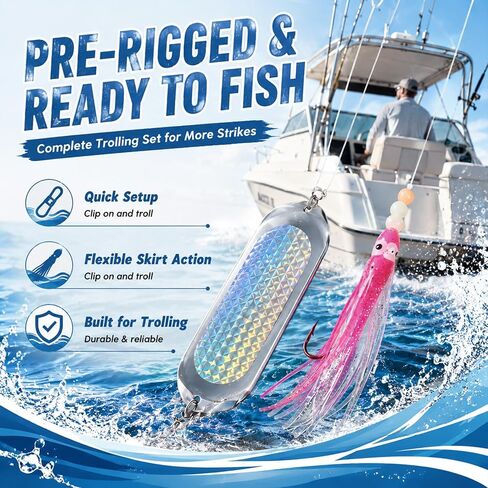 8 Set Squid Fishing Hoochies Flashers-glow Fresh Water Kokanee Dodger Tackle Salmon Trolling Lures with Durable Pre-rigged Octopus Hooks, Multicolor Synthetic Skirts Design for Salmon Fishing in Kuwait