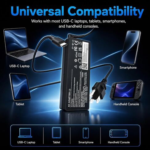 100W USB C Laptop Charger Universal Type-C Fast Charging Adapter for Compact Travel Power Supply Compatible with MacBook Dell HP Lenovo ThinkPad Acer Asus MSI iPad iPhone Samsung Switch in Kuwait