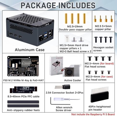 GeeekPi P33 M.2 NVME M-Key PoE+ Hat with Official Pi 5 Active Cooler and Aluminum Case for Raspberry Pi 5, Support M.2 NVMe SSDs 2230/2242/2260/2280 in Kuwait