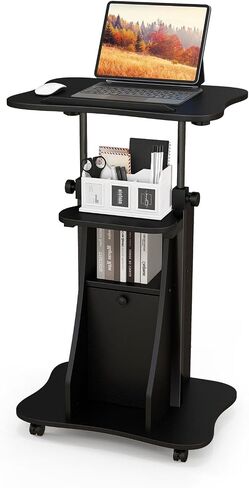 LDAILY Mobile Podium Stand, Height-Adjustable Portable Rolling Laptop Stand with Storage Cabine & Tilting Desktop, Sit to Stand Desk Laptop Cart with Lockable Casters for Office (Rustic Brown) in Kuwait