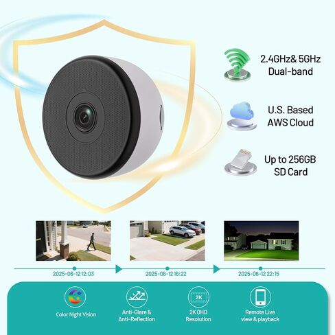 2K Indoor Dome Window Security Camera, 5G & 2.4GHz Dual Band WiFi Camera for Home Security, Color Night Vision, Human & Motion Detection, Real‑Time Alerts, 24/7 Recording, Alexa,White,Short-2P in Kuwait