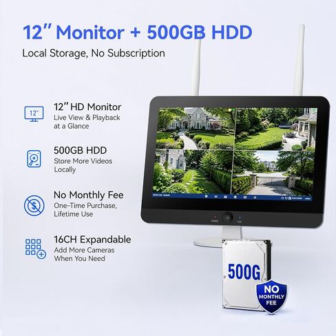 Solar Security Cameras Wireless System with 12" Monitor, 4MP in Kuwait