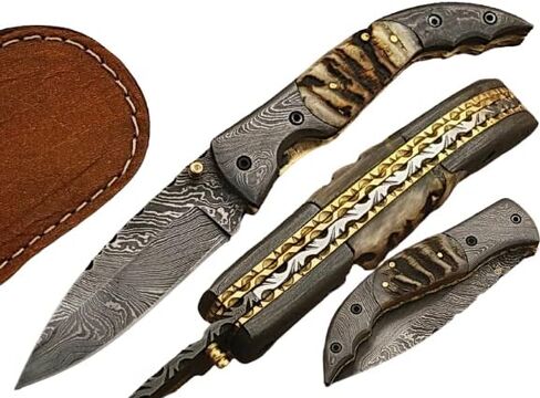 Damascus Steel Blade Pocket/Folding Hunting Knife (LARG 5073) in Kuwait