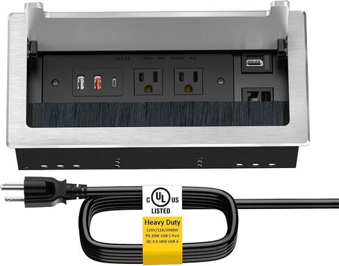 Kungfuking Conference Table Power Hub, Outlet Multimedia Connectivity Box with 1 HDMI + 1 RJ45 + 20W USB C + 2 USB A + 2 AC Outlets, Heavy Duty Metal Table Top Box for Countertop Office UL Listed in Kuwait