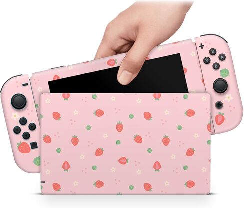 ZOOMHITSKINS Skin Compatible with Switch, Pastel Pink Strawberry Daisy Kawaii Design, Durable 3M Vinyl Decal Wrap, Precision Fit, Bubble-Free, Made in USA in Kuwait