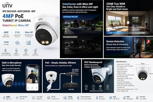 UNV IPC3618LB-ADF28K-DL 8MP 4K PoE Turret IP Security Camera, ColorHunter Smart Dual Light, Human & Vehicle Detection, 120dB True WDR, Built-in Microphone, IP67 Outdoor, 2.8mm Lens. in Saudi Arabia