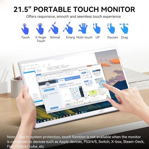 Prechen 21.5 Inch Portable Touchscreen Monitor, 1080P Computer Touch Screen w/VESA Stand Touch PC Display, 75Hz, Multi-Touch Monitor, DC HDMI & USBC for Phones PC Phone Business,White in Kuwait