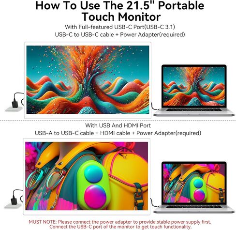 Prechen 21.5 Inch Portable Touchscreen Monitor, 1080P Computer Touch Screen w/VESA Stand Touch PC Display, 75Hz, Multi-Touch Monitor, DC HDMI & USBC for Phones PC Phone Business,White in Kuwait