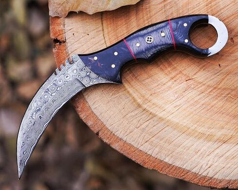 Handmade Damascus steel Karambir knife/Razor Sharp Fixed blade/Survival, Defence, EDC/Black Diamond wood handle, with leather sheath in Kuwait