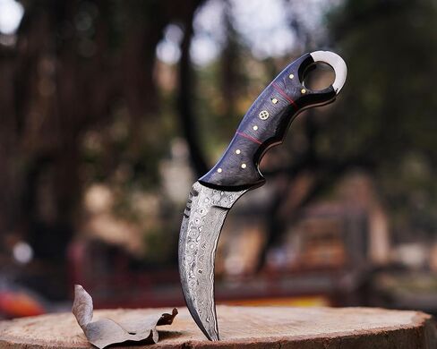 Handmade Damascus steel Karambir knife/Razor Sharp Fixed blade/Survival, Defence, EDC/Black Diamond wood handle, with leather sheath in Kuwait