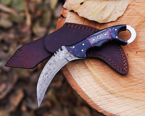 Handmade Damascus steel Karambir knife/Razor Sharp Fixed blade/Survival, Defence, EDC/Black Diamond wood handle, with leather sheath in Kuwait