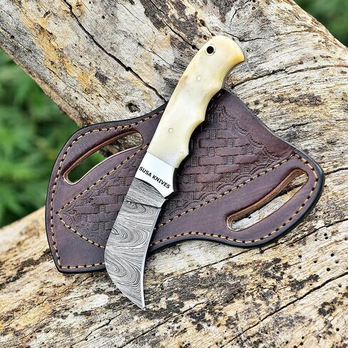 Custom Handmade 7'' Hawkbill fixed blade Damascus steel Knife Electricians Knife/Lineman’s Hawkbill knife, with pancake leather sheath in Kuwait