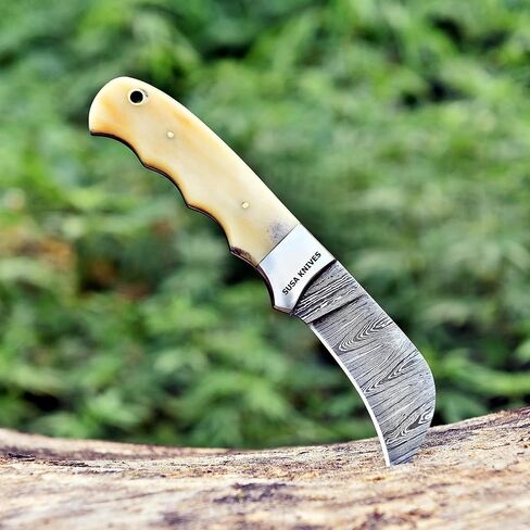 Custom Handmade 7'' Hawkbill fixed blade Damascus steel Knife Electricians Knife/Lineman’s Hawkbill knife, with pancake leather sheath in Kuwait