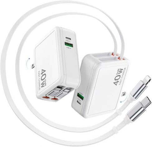 2026 Updated 40W Retractable Charger,2 Pack Retractable Phone Charger Wall Plug with 2.6FTLightning+ Type C Cables,4 in 1 Travel Essentials Fast Charging Block for iPhone 17/16/15, Galaxy,LG,Moto in Kuwait