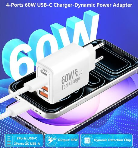 European Travel Plug Adapter, 60W 4-Port (2 USB-C & 2 USB-A) Fast Charger in Kuwait