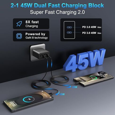 Dual Port 45W Super Fast Charger and Type C Cable 10ft 6ft,USB C Wall Charging Block,Android Phone Charger Cord Long for Samsung Galaxy S26 Ultra/S25/S24/S23+/S22 Plus/S21/S20/iPhone 17 16 15 Pro Max in Saudi Arabia