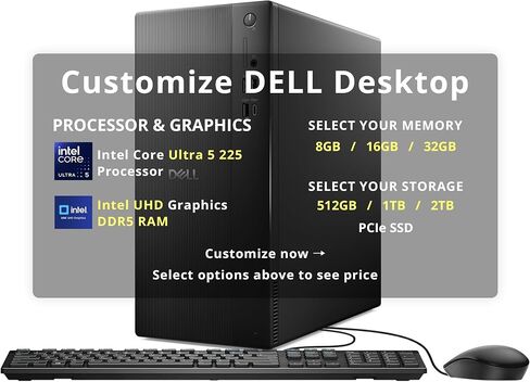 Hotface Customized Desktop, Created Using Dell ECT1250 Tower Desktop, Intel Core Ultra 5 225, 8GB/ 16GB/ 32GB DDR5, 512GB/ 1TB/ 2TB SSD, Wi-Fi 6, Bluetooth, Wired Keyboard & Mouse, Windows 11, Black in Kuwait