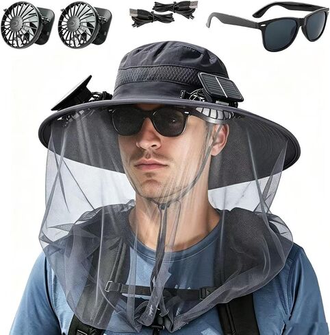 2026 Upgraded Fishing Hats with Sunglasses, Wide Brim Sun Hat with 2 Solar Fan, USB & Solar Powered Fishing Hats, Solar Fan Hats UPF 50+ Dark Black in Saudi Arabia