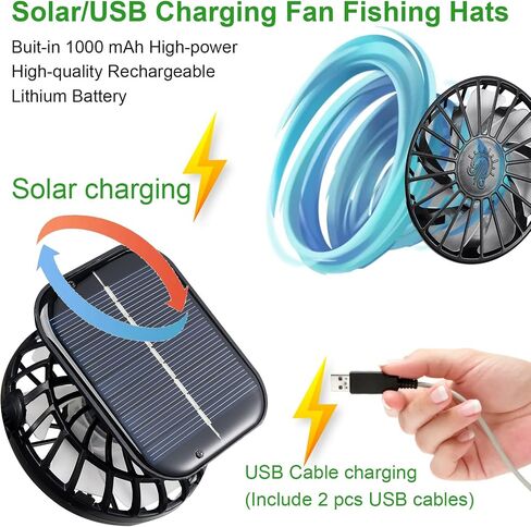 2026 Upgraded Fishing Hats with Sunglasses, Wide Brim Sun Hat with 2 Solar Fan, USB & Solar Powered Fishing Hats, Solar Fan Hats UPF 50+ Dark Black in Saudi Arabia