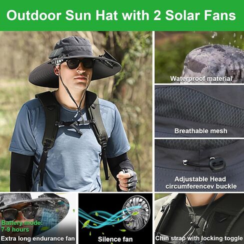 2026 Upgraded Fishing Hats with Sunglasses, Wide Brim Sun Hat with 2 Solar Fan, USB & Solar Powered Fishing Hats, Solar Fan Hats UPF 50+ Dark Black in Saudi Arabia
