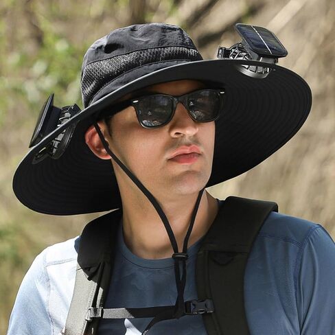 2026 Upgraded Fishing Hats with Sunglasses, Wide Brim Sun Hat with 2 Solar Fan, USB & Solar Powered Fishing Hats, Solar Fan Hats UPF 50+ Dark Black in Saudi Arabia