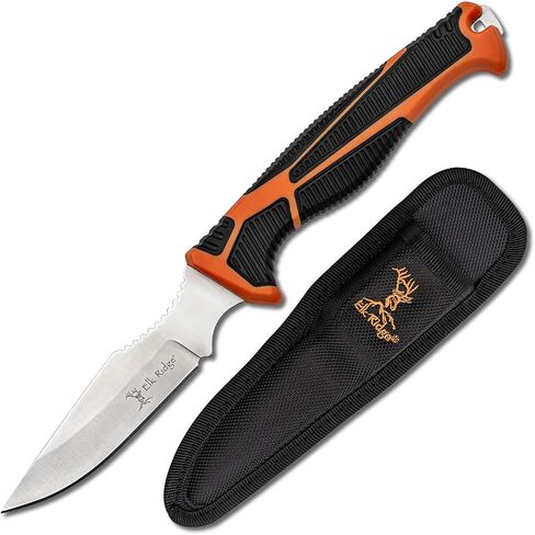 Elk Ridge Outdoors - TREK - Fine Edge Caping Knife, Orange and Black TPR Handle, Rigid Nylon Sheath, Hunting, Camping, Survival - ER-TKFIX003 in Kuwait