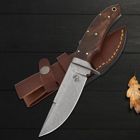 Knives Ranch Handmade 9" Hunting Knife | Best for Camping & Bushcrafts | Damascus Steel | Excellent Edge Retention | Rosewood Handle | Heavy-Duty (Horizontal and Vertical Loops) Leather Sheath (2132) in Saudi Arabia