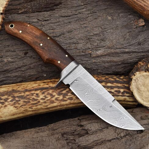 Knives Ranch Handmade 9" Hunting Knife | Best for Camping & Bushcrafts | Damascus Steel | Excellent Edge Retention | Rosewood Handle | Heavy-Duty (Horizontal and Vertical Loops) Leather Sheath (2132) in Saudi Arabia