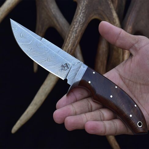 Knives Ranch Handmade 9" Hunting Knife | Best for Camping & Bushcrafts | Damascus Steel | Excellent Edge Retention | Rosewood Handle | Heavy-Duty (Horizontal and Vertical Loops) Leather Sheath (2132) in Saudi Arabia
