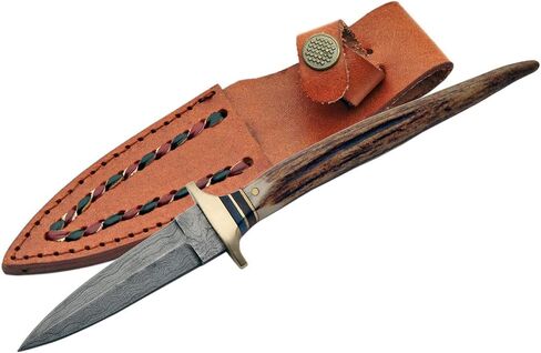 SZCO Stag Tip Boot Hunting Knife 8 Inch - Camping Knife with Stag Handle, Damascus Steel Blade & Sheath - Pocket Knife for Hunting, Camping & Outdoor uses - Knives for Men in Saudi Arabia
