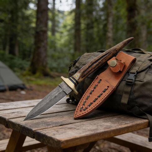 SZCO Stag Tip Boot Hunting Knife 8 Inch - Camping Knife with Stag Handle, Damascus Steel Blade & Sheath - Pocket Knife for Hunting, Camping & Outdoor uses - Knives for Men in Saudi Arabia