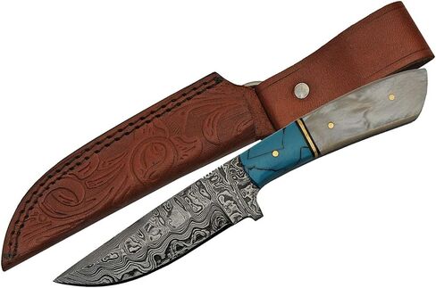 SZCO Full Tang Hunting Knife 7.75 Inch - Camping Knife with Pearl Handle, Ladder Pattern Damascus Blade & Sheath - Pocket Knife for Hunting & Outdoor uses - Knives for Men in Saudi Arabia
