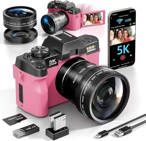 5K&64MP Digital Cameras for Photography&Video, Vlogging Camera for YouTube, Compact Camera with 32GB TF Card, WiFi,and Wide-Angle & Macro Len, AUTOFOCUS 16X Zoom for Entry-Level User, Beginners（Pink） in Kuwait