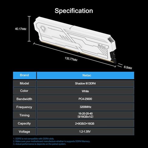 Netac DDR4 DRAM 32GB Kit16GBx2 C16 3200MHz XMP 2.0 Dual Channel RAM (PC4-25600) 1.35V 288-Pin Upgraded Aluminum Heat Sink Ideal for Gaming Computer Upgrade - Shadow III White in Kuwait