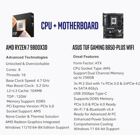 Micro Center CPU Motherboard Memory Combo: AMD Ryzen 7 9800X3D CPU Processor with ASUS TUF Gaming B850-PLUS WiFi AM5 ATX Motherboard and KLEVV CRAS V RGB DDR5 32GB (2x16GB) 6000MHz Ram Memory Black in Kuwait